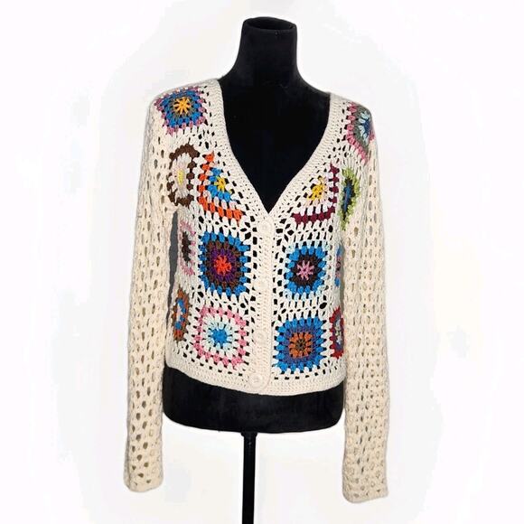Unbranded Women's Granny Square Cropped Crochet Cardigan Size Large Hippie - Picture 1 of 6